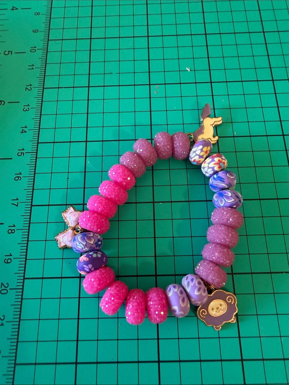 Kids Purple & Hot Pink Beaded Charm Stretch Bracelet
